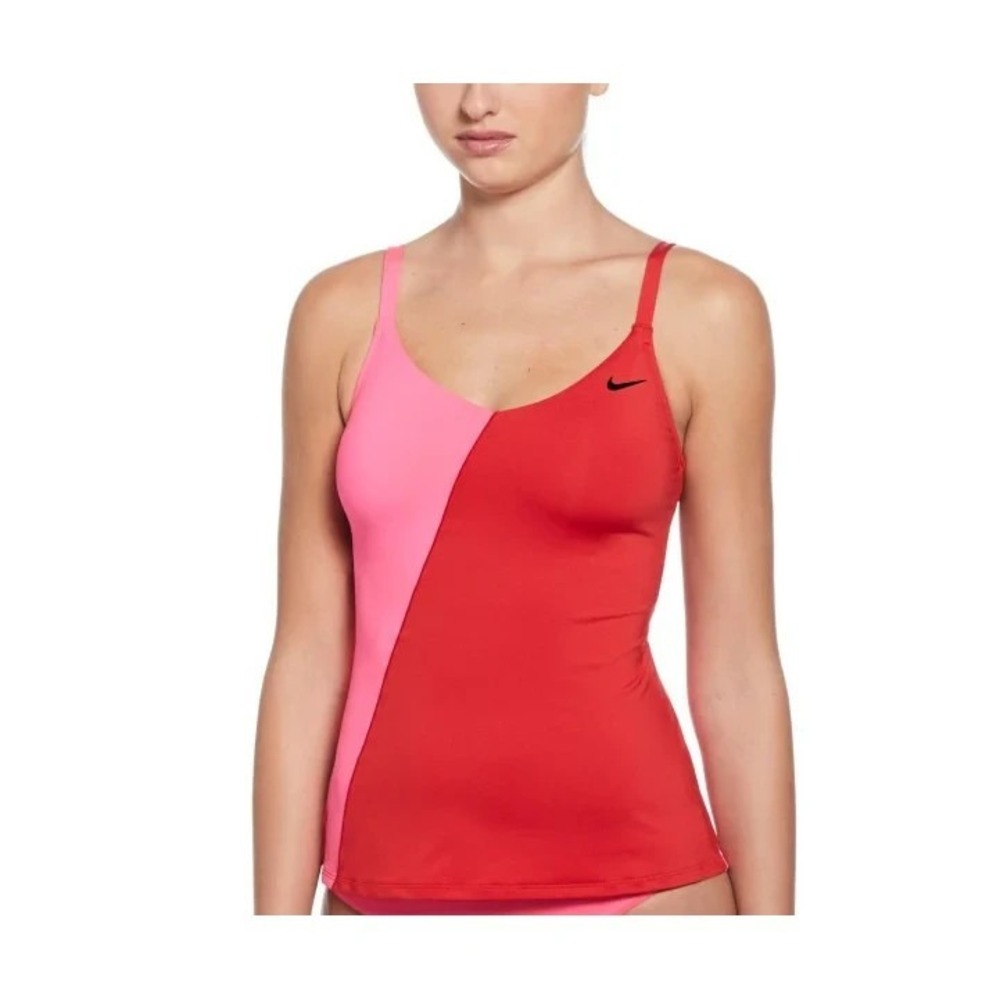 Nike Swim Colorblock V Neck Tankini Top Womens Medium Pink Red NESSF295